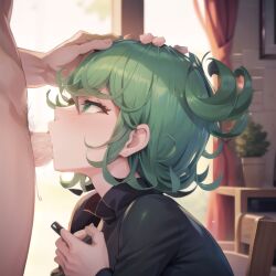 1boy 1boy1girl 1girls ai_generated deepthroat fellatio green_eyes green_hair hand_on_head mtc272 one-punch_man oral pubic_hair stable_diffusion tatsumaki throat_fuck