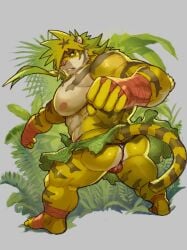 1boy anthro ass backsack balls bulge clothing felid forest fur gamma-g genitals green_eyes hair hair_over_eye hi_res jungle lifewonders macan_(tokyo_afterschool_summoners) magan male male_only mammal muscular muscular_anthro muscular_male nipples one_eye_obstructed pantherine pecs plant solo striped_body striped_fur stripes thong tiger tokyo_afterschool_summoners tree turning_around underwear yellow_body yellow_fur