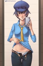 belly blue_eyes blue_hair blush blushing_at_viewer boobs greencash mirror mirror_selfie nsfwgreen persona persona_4 selfie shirogane_naoto shirt_lift tie unbuckled_belt white_panties