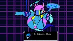 1futa ahoge bayaverse black_hair blonde_hair blue_skin candykanna colored deltarune deltarune_chapter_2 dialog dialogue dialogue_box dickgirl dragon_girl dragon_horns dragon_tail flat_colors forced futanari horns hypnosis kanna_kobayashi large_areolae large_breasts lizard_tail pink_hair queen_(deltarune) scared simple_background simple_eyes split_hair text text_box tied_up trans_woman transfem transformation werewire wires yellow_nipples