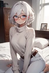 ai_feet ai_generated bad_anatomy bed glasses jeans safe short_hair sitting turtleneck white_hair