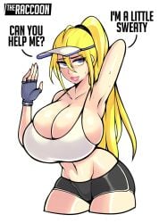 1girls big_breasts blonde_hair breasts busty cleavage curvaceous curvy curvy_body curvy_female curvy_figure english_text female fingerless_gloves front_view gloves huge_breasts large_breasts lips long_hair metroid navel ponytail raccoonserver samus_aran shorts solo sports_bra standing text thick_lips thick_thighs voluptuous wide_hips