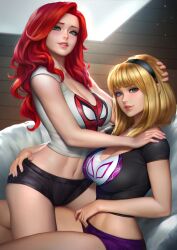 2girls alternate_version_available blonde blonde_female blonde_hair blonde_hair_female female female_only fully_clothed girl_on_girl gwen_stacy gwen_stacy_(classic) hairband marvel marvel_comics mary_jane_watson neoartcore nudtawut_thongmai red_hair red_hair_female spider-man_(series) spider-man_crop_top themed_clothes