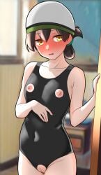 against_door bare_shoulders basket black_one-piece_swimsuit blurry blurry_background blush breast_cutout breasts brown_hair closed_mouth collarbone cowboy_shot crotch_cutout female female_only furaggu_(frag_0416) hair_between_eyes highres kantai_collection kasuga_maru_(kantai_collection) medium_hair nipples one-piece_swimsuit painting_(object) school_swimsuit small_breasts solo solo_female swim_cap swimsuit taiyou_(kantai_collection) white_headwear yellow_eyes