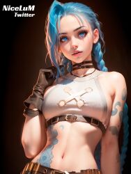 1girls ai_generated blue_hair jinx_(league_of_legends) league_of_legends nicelum small_breasts solo solo_female