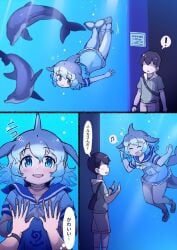 1boy 1boy1girl 1female 1girls 1male against_glass air_bubble air_bubbles aqua_eyes aquarium blue_eyes blue_hair bubble cetacean cetacean_tail comic comics common_bottlenose_dolphin_(kemono_friends) dolphin dolphin_girl dolphin_tail dress faceless faceless_character faceless_male female fins fish fish_tail gradient_hair gray_hair green_hair highres human humanoid kemono_friends love_at_first_sight male male_human multicolored_hair no_sex open_mouth personification sailor_dress short_hair swimming tail tanaka_kusao underwater white_hair