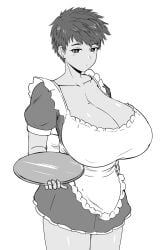 1girls 2023 big_breasts breasts cleavage dark-skinned_female dark_skin emotionless female female_focus front_view fully_clothed gigantic_breasts holding_tray huge_breasts large_breasts looking_at_viewer maid maid_apron maid_uniform mature_female nao_(ritsancrossover) neutral_expression original original_character short_hair sketch solo solo_focus top_heavy tray white_background