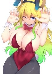 1girls big_breasts blonde_hair blue_eyes bunnysuit colored cool-kyou_shinja cute female female_only horns hourglass_figure huge_breasts large_breasts leotard light-skinned_female lingerie lucoa lucoa_(maidragon) mature_female miss_kobayashi's_dragon_maid playboy_bunny playboy_outfit quetzalcoatl_(dragon_maid) slim_waist thick_thighs white_background wide_hips yellow_eyes