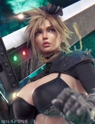 1girls 3d 3d_(artwork) ass big_ass big_breasts blonde_hair blue_eyes breasts cleavage cloud_strife cloudette_strife cloudia_strife female female_only final_fantasy final_fantasy_vii final_fantasy_vii_remake genderbent genderswap_(mtf) large_ass large_breasts milapone nipple_bulge pose posing rule_63 solo sword thick thick_ass thick_hips thick_thighs tight_clothing wide_hips