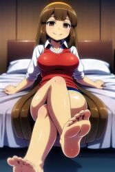 1girls 5_toes aged_up ai_generated alternate_breast_size bare_legs barefoot bed bedroom big_breasts breasts brown_eyes brown_hair closed_mouth clothed crossed_legs feet foopanthia foot_fetish foot_focus inazuma_eleven inazuma_eleven_(series) inazuma_eleven_go legs long_hair nanobana_kinako sitting smile sole_female soles thick_thighs thighs toes