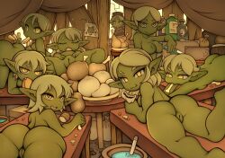 ass big_butt breasts eating female food genitals goblin goblin_female green_body green_skin group hi_res humanoid looking_at_viewer looking_back looking_back_at_viewer lying meat nipples noise_(artist) on_front pussy spread_legs spreading thick_thighs