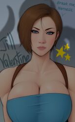 1girls athletic_female belts big_breasts blue_eyes blue_topwear breast_squeeze brown_hair capcom cleavage clothing color colored corset curvy dialogue female female_only huge_breasts human human_only inner_sideboob jill_valentine jill_valentine_(julia_voth) legwear light-skinned_female light_skin muscles ohmaddoge pinup portrait resident_evil resident_evil_3 shadow sketch solo solo_female thigh_holster tubetop voluptuous