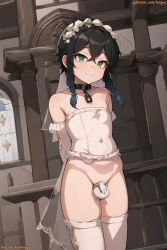 ai_generated androgynous chastity_cage collar dress effeminate femboy gay genshin_impact girly green_eyes large_testicles legwear lenjoy long_term_chastity precum precum_drip short_hair smile stockings testicles trap twin_braids venti_(genshin_impact) watermark wedding wedding_dress white_legwear white_stockings