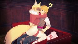 1boy 1girls 2koma 3d ;p ? assertive assertive_female blonde_hair breasts confusion couch evil_smile eyes_in_shadow female fire_emblem fire_emblem_fates fox_girl fox_tail hamma_hamma hug indoors kitsune kneeling looking_back male medium_breasts multicolored_hair naughty_face nintendo on_couch pillow red_eyes ring selkie_(fire_emblem) short_hair siegbert_(fire_emblem) tail tongue tongue_out yellow_eyes yes-no_pillow