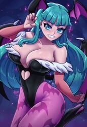 1girls 5_fingers ax3lbravo axlhearts bat_wings blue_eyes boobs breasts clothed clothing darkstalkers female female_focus female_only fingers green_hair hair heart large_breasts long_hair morrigan_aensland nails_painted solo solo_female solo_focus succubus tagme teeth wing_ears wings