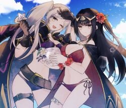 2girls ;d alternate_costume belt bikini breasts cloak cloud commentary female female_only fire_emblem fire_emblem_awakening fire_emblem_heroes flower gatona39 hair_flower hair_ornament highres multiple_girls nintendo o-ring o-ring_bikini official_alternate_costume one_eye_closed purple_bikini purple_swimsuit red_bikini red_swimsuit robin_(female)_(summer)_(fire_emblem) robin_(fire_emblem) robin_(fire_emblem)_(female) sky smile swimsuit tharja_(fire_emblem) tharja_(summer)_(fire_emblem)