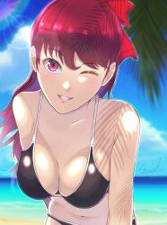 1girls atlus beach bikini bikini_bottom bikini_top black_bikini breasts cleavage cloud corner50777313 female female_only kasumi_yoshizawa light-skinned light-skinned_female looking_at_viewer navel persona persona_5 persona_5_royal ponytail red_eyes red_hair sea sky smile smiling smiling_at_viewer solo sumire_yoshizawa swimsuit winking winking_at_viewer