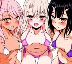 3girls bikini bikini_top blush chloe_von_einzbern colorized dark-skinned_female dark_skin erect_nipples fate/grand_order fate/kaleid_liner_prisma_illya fate_(series) female female_only illyasviel_von_einzbern leaning_forward long_hair looking_at_viewer miyu_edelfelt multiple_girls navel pale_skin simple_background small_breasts smile smug stomach swimsuit third-party_edit white_background