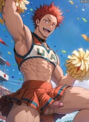 1boy 1male 1man abdomen abs ai_generated ambush_(trap) armpits arms_up balls balls_out ballsack bobsi cheerleader cheerleader_outfit cheerleader_uniform cock crossdressing dick eijirou_kirishima gay happy male male_cheerleader male_focus male_only muscle muscles muscular muscular_arms muscular_legs muscular_male muscular_thighs my_hero_academia navel no_panties no_underwear nuts nutsack penis penis_out red_eyes red_hair scrotum sharp_teeth skirt solo testicles yaoi