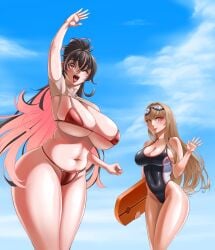 2girls absurd_res arm_up armpit beach bikini black_hair blonde_hair blush breasts cleavage cleavage_overflow female female_only goddess_of_victory:_nikke goggles goggles_on_head hair_intakes holding_object huge_breasts light-skinned_female light_skin lipstick long_hair looking_at_viewer multiple_girls navel official_alternate_costume one-piece_swimsuit one_eye_closed open_mouth pink_hair quency_(nikke) rapi_(classic_vacation)_(nikke) rapi_(nikke) red_eyes sheng_wei surfboard swimsuit thick_thighs thighs two_tone_hair waving waving_at_viewer