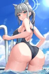 1girls :o abydos_high_school_student akamashi blue_archive bottom_heavy clouds competition_swimsuit daylight female female_only foreclosure_task_force_(blue_archive) from_behind gigantic_ass heterochromatic_pupils huge_ass light-skinned_female light_skin looking_down medium_breasts rear_view shiroko_(blue_archive) shiroko_(swimsuit)_(blue_archive) solo swimming_pool white_pupil wolf_ears