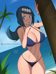 1girls barleyshake beach bikini blue_eyes blue_hair female female_only game_freak lana's_mother_(pokemon) light-skinned_female light_skin milf nintendo outdoor outdoors outside pokemon pokemon_sm solo tagme