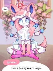 absurd_res anthro big_breasts blue_eyes blue_sclera bodily_fluids bottomwear breast_milking breasts clothed clothing eeveelution female fishkittn flower fluffy fluffy_hair footwear generation_6_pokemon hair hi_res huge_breasts lactating lactation legwear mammal milk milking_machine nintendo nipples nymphia partially_clothed paws pink_clothing pink_hair plant pokemon pokemon_(species) pukemilked shorts skullwife sky socks solo sylveon text topless white_body