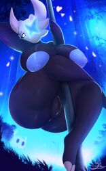 absurd_res ass being_watched big_breasts big_butt blush bodily_fluids breasts dancing exv508 female genitals hi_res hollow_knight huge_breasts huge_butt lampy_(azura_inalis) looking_at_another nude pole pole_dancing protagonist_(hollow_knight) pussy team_cherry