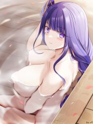 blunt_bangs blush breasts commentary completely_nude female genshin_impact highres keenh large_breasts long_hair looking_at_viewer mole mole_under_eye nude onsen partially_submerged petals purple_eyes purple_hair raiden_shogun sitting smile solo very_long_hair voluptuous voluptuous_female water