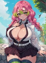 1girls ai_generated belt breasts cleavage clothing demon_slayer female green_eyes green_hair haori hi_res huge_breasts kanroji_mitsuri kimetsu_no_yaiba kimono large_breasts mabi_ai multicolored_hair pink_hair pleated_skirt robe school_uniform sitting skirt sweat thighhighs tied_hair twintails wafuku