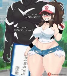 1boy 1girls big_breasts brown_hair censored_penis clothed dialogue female hilda_(pokemon) jean_shorts large_breasts lobokosmico midriff nails nintendo nipples_visible_through_clothing pokemon pokemon_(species) pokephilia short_shorts shorts tank_top thick_thighs zebstrika