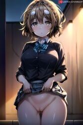 ai_generated ass_visible_through_thighs bangs blue_bow blue_bowtie blue_skirt blush bow bowtie braid breasts brown_eyes brown_hair closed_mouth clothes_lift collared_shirt cowboy_shot edosynf female highres indoors koiwai_yoshino large_breasts lifted_by_self looking_at_viewer masamune-kun_no_revenge no_panties plaid plaid_skirt pussy school_uniform shirt short_hair skirt skirt_lift solo