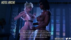 2girls 3d abs beeg3d big_breasts black_hair blizzard_entertainment blonde_hair blue_eyes breasts brown_eyes brown_skin choker clothed clothed_female dark-skinned_female dark_skin dress dress_pull egyptian egyptian_female english_text female female_only fit fit_female interracial light-skinned_female mercy muscular muscular_female overwatch panties pharah pubic_hair tattoo text topless topless_female undressing yuri