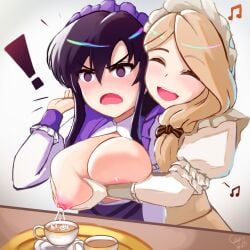 ! 2girls alternate_costume angry ayra_(fire_emblem) ayra_(tea_party)_(fire_emblem) black_hair blonde_hair breast_grab breasts breasts_out ciderwrath closed_eyes cup female female_only fire_emblem fire_emblem:_genealogy_of_the_holy_war fire_emblem:_three_houses fire_emblem_heroes groping hair_over_shoulder lactation large_breasts long_hair maid mercedes_von_martritz mercedes_von_martritz_(tea_party) milking molestation multiple_girls musical_note nintendo official_alternate_costume open_mouth pre-timeskip purple_eyes side_ponytail tea yuri