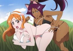 2girls bleach inoue_orihime large_breasts multiple_girls orange_hair rozuberry shihouin_yoruichi tagme yuri