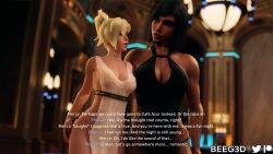 2girls 3d beeg3d big_breasts black_hair blizzard_entertainment blonde_hair blue_eyes brown_eyes brown_skin choker clothed clothed_female dark-skinned_female dark_skin dress egyptian egyptian_female english_text female female_only fit fit_female interracial light-skinned_female mercy muscular muscular_female overwatch panties pharah tattoo text yuri