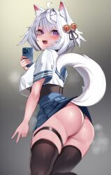 1girls animal_ears ass ass_focus big_ass big_butt female filian filian_(vtuber) fit_female indie_virtual_youtuber large_ass large_butt light-skinned_female mirror_selfie phone plump_ass purple_eyes school_uniform selfie short_hair skirt slim_waist solo stockings sweat sweatdrop sweating sweaty sweaty_butt tail thick_thighs thighhighs torpedo_(gad3757) v virtual_youtuber white_hair