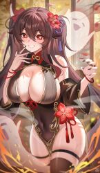 alternate_breast_size boo_tao_(genshin_impact) bracelet bracelets cleavage flower_in_hair genshin_impact grin hu_tao_(genshin_impact) huge_breasts long_nails ring sideboob signature skindentation smile tansuan thick_thighs thigh_strap twintails wide_hips