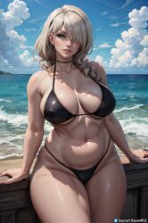 ai_generated beach bikini blonde_hair blue_eyes braided_hair braids luminyu_(style) milf original_character secret_room12 soft_belly stable_diffusion thick wide_hips