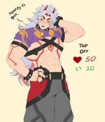 abs arataki_itto bara bashful big_pecs blush blushing body_tattoo dialogue ear_piercing fully_clothed genshin_impact hand_behind_head hand_on_hip long_hair male male_only muscular_arms muscular_male oni oni_horns pecs red_eyes red_horns rekkinj solo spiked_bracelet spiked_collar strip_game white_hair