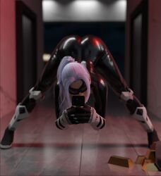 1girls 3d ass bent_over black_cat_(insomniac) black_cat_(marvel) catsuit dat_ass emberstock felicia_hardy female female_only flexible fully_clothed insomniac_games latex looking_at_viewer marvel marvel_comics ponytail selfie shiny_skin smile solo spider-man_(ps4) spider-man_(series) white_hair