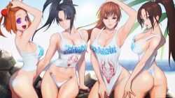 4girls arcana_heart armpits artist_name ass bare_shoulders beach bikini bikini_bottom_only black_eyes black_hair blurry blurry_background boobs breasts brown_eyes brown_hair cleavage closed_mouth cloud collarbone commentary_request day dead_or_alive deep_cleavage fatal_fury female_focus hair_ornament highleg highres hourglass_figure kasumi_(doa) king_of_fighters konoha_(arcana_heart) kunoichi large_breasts lips long_hair mai_shiranui medium_breasts multiple_girls ninja ocean ogin_(pachislot) open_mouth orange_hair outdoors pachislot_koumonchama_katsu ponytail purple_eyes red_hair redhead ryohhe shirt sideboob signature simple_background sky sleeveless smile snk soul_calibur swimsuit taki tank_top tanktop thighs thong thong_bikini tight_clothing trait_connection water