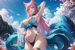 9_tails ahri ai_generated animal_ear_fluff animal_ears animal_girl areolae bangs bell belly big_breasts blue_eyes breasts busty child_bearing_hips choker cleavage clothing curves curvy curvy_body curvy_female curvy_figure curvy_hips eyelashes eyeliner eyeshadow facial_markings female fluffy fluffy_ears fluffy_tail fluffy_tails fox fox_ears fox_girl fox_tail furry_tail hair_ornament hair_ribbon hips hourglass_figure huge_breasts humanoid inner_ear_fluff japanese_clothes kemonomimi kimono kitsune large_breasts league_of_legends light-skinned_female light_skin long_hair multiple_tails navel nine_tailed_fox nipples pale-skinned_female pale_skin pink_hair pink_nipples riot_games robe spirit_blossom_ahri spirit_blossom_series tail thick_thighs thighs vastaya video_games voluptuous wide_hips