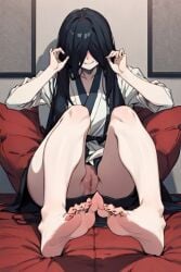 1girls ai_generated aigeneratedp black_hair feet female foot_fetish foot_focus ghost_girl inside long_hair monster_girl on_bed pale pale_skin pillow presenting_pussy pussy sitting smiling the_ring toes yamamura_sadako