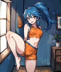 1girls ai_generated barefoot battle_girl_(pokemon) battle_girl_(pokemon_oras) blue_eyes blue_hair female female_focus female_only leukocrisp long_hair looking_at_viewer npc_trainer open_mouth pokemon pokemon_oras ponytail shauna_(hoenn) smile solo solo_female solo_focus sports_bra sportswear stable_diffusion sweat