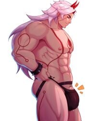 abs arataki_itto big_bulge black_jockstrap body_tattoo bulge collarbone ear_piercing flaccid_penis genshin_impact horns jockstrap long_hair looking_down male male_nipples male_only muscular_male oni oni_horns pecs precum_through_underwear pubic_hair red_horns rekkinj ribs serratus serratus_anterior sharp_fingernails side_view smiling solo solo_male spiked_bracelet white_hair