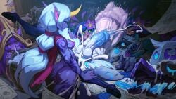 1boy 1girls 2futas anal anal_sex big_penis blue_eyes cum cum_in_mouth cum_inside expressionless futa_on_futa futanari gigantic_penis horn huge_cock hyper_penis kindred lamb_(league_of_legends) large_penis league_of_legends lulu_the_fae_sorceress mask medium_breasts neeko poppy purple_hair reagan_long riot_games soraka stomach_bulge tristana white_fur white_hair wolf_(league_of_legends) yordle