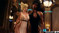 2girls 3d beeg3d big_breasts black_hair blizzard_entertainment blonde_hair blue_eyes brown_eyes brown_skin choker clothed clothed_female dark-skinned_female dress egyptian egyptian_female female fit fit_female interracial light-skinned_female mercy muscular muscular_female overwatch panties pharah tattoo yuri