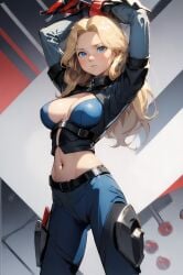 3/4_view abdomen ai_generated arms_up bare_midriff belly belt blonde_hair blue_eyes catsuit cleavage female grown_up maria_robotnik medium_breasts midriff navel pixai secret_agent serious_face soldier sonic_(series) sonic_the_hedgehog_(series) spy younger_female