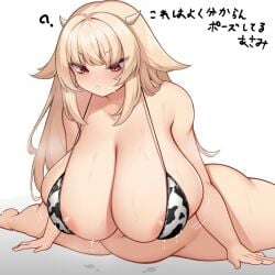 1girls areola_slip artist_request blonde_hair breasts_bigger_than_head chubby cow_print cow_print_bikini female female_only funeralatshacco gigantic_breasts horns japanese_text lactation large_belly light-skinned_female light_skin open_legs original pose question_mark red_eyes skindentation solo text thick_thighs wide_hips